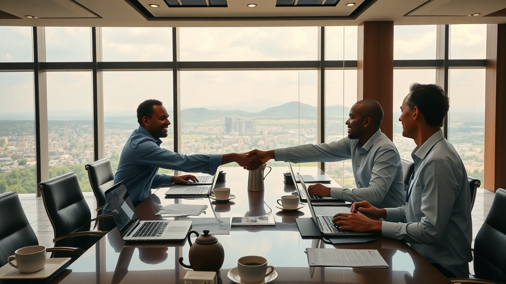 Ethiopian coffee traders and global buyers collaborating on coffee empire strategy.