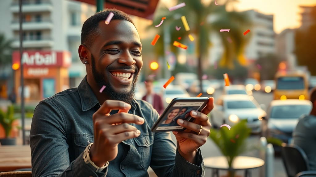 celebratory African blogger content marketing Africa success joyful smartphone site stats outdoor café cityscape