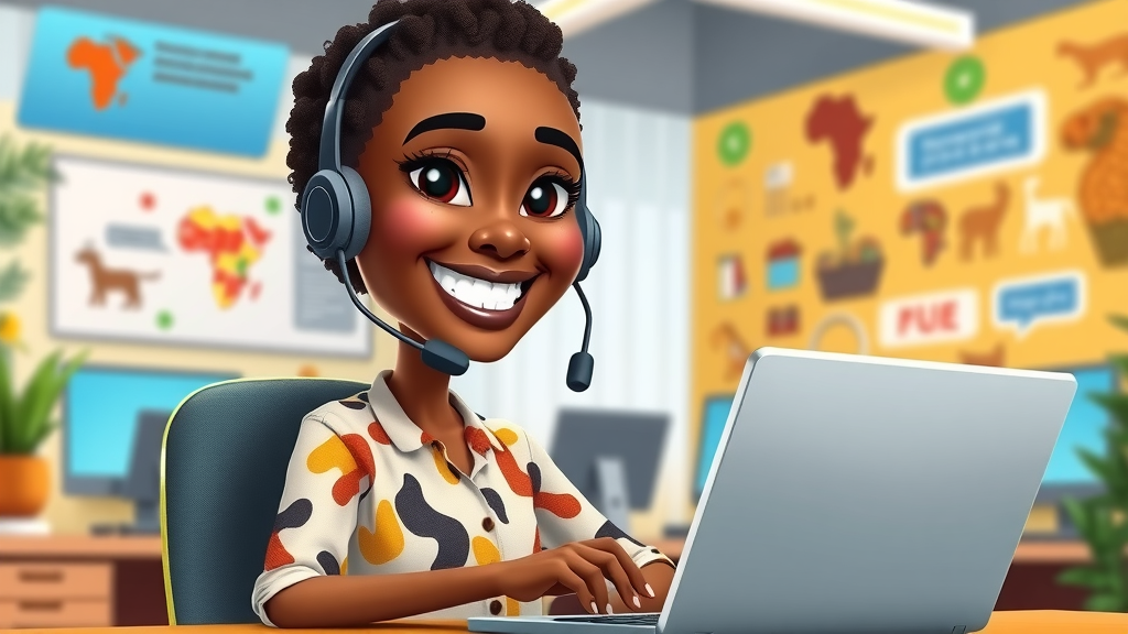 Happy African customer service agent offering support for e-commerce branding Africa, vibrant office with digital screens